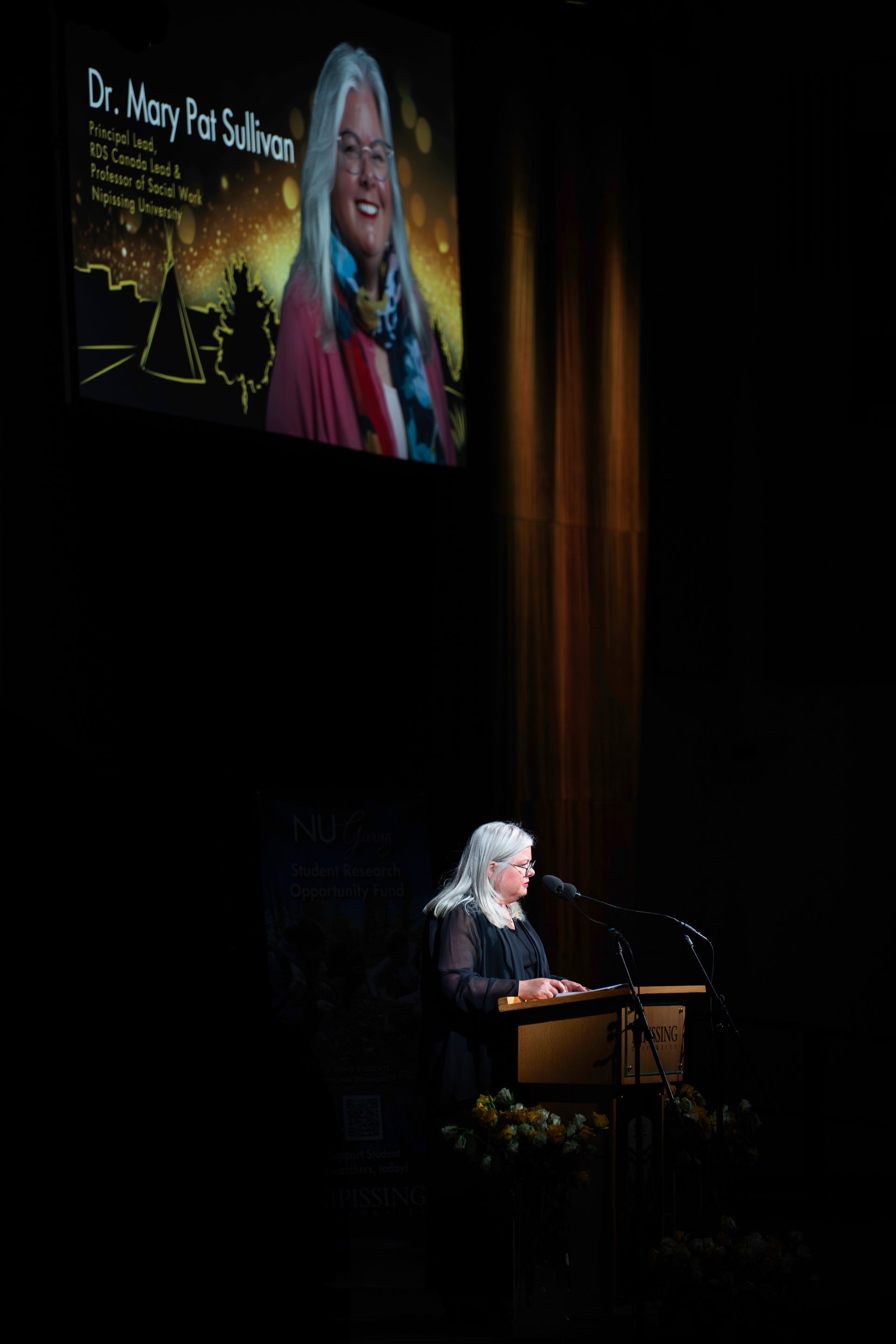 Woman speaking at a podium; a screen above displays a photo and name of Dr. Mary Ann Sullivan.