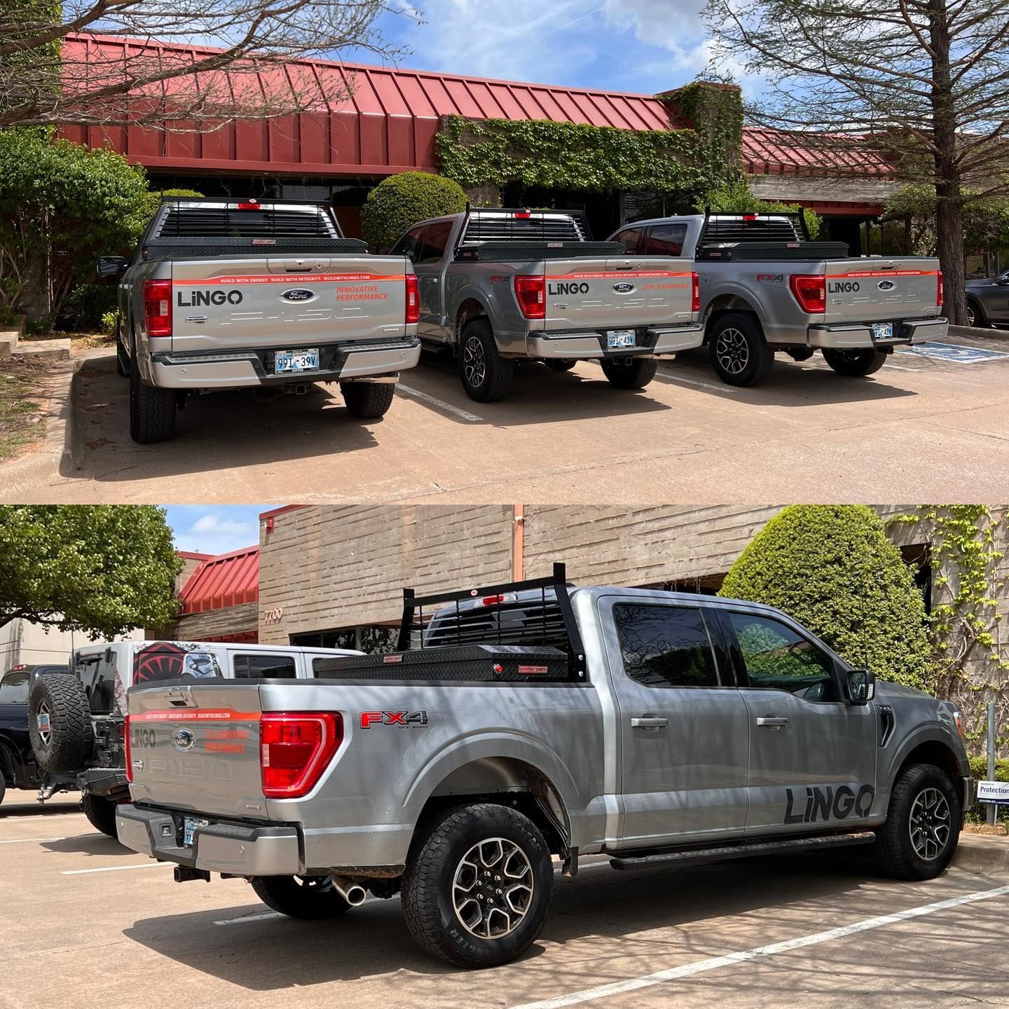 Three silver pickup trucks parked in front of a building. The bottom photo shows a closer view of one truck with a black rack.