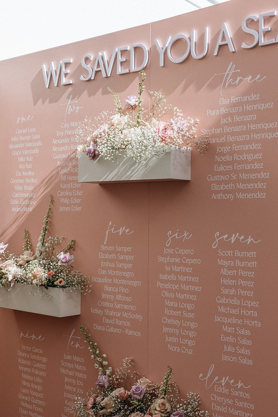 A wedding seating chart with flowers on it A wedding seating chart with flowers on it