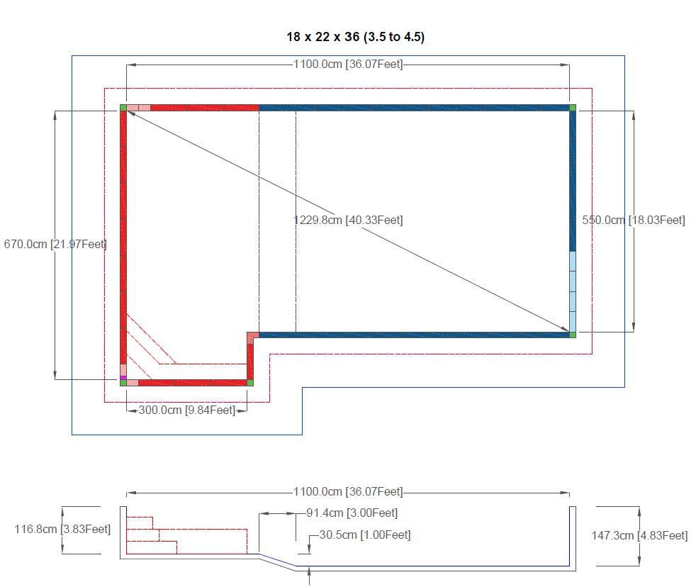 Diagram of a rectangular area with dimensions labeled, including a step-down section. Various colored lines and measurements are present.