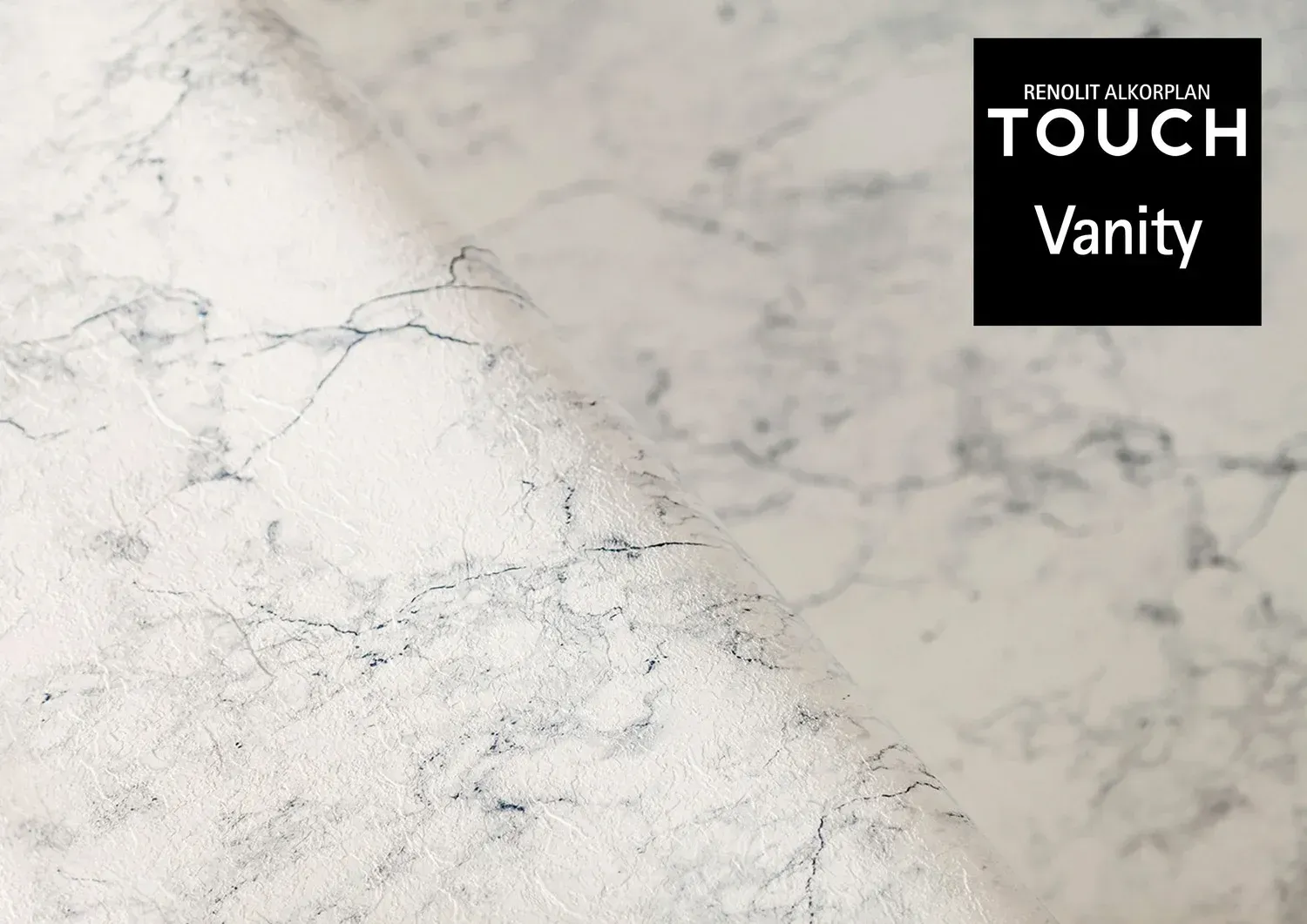 White countertop with marble-like veining, branded 