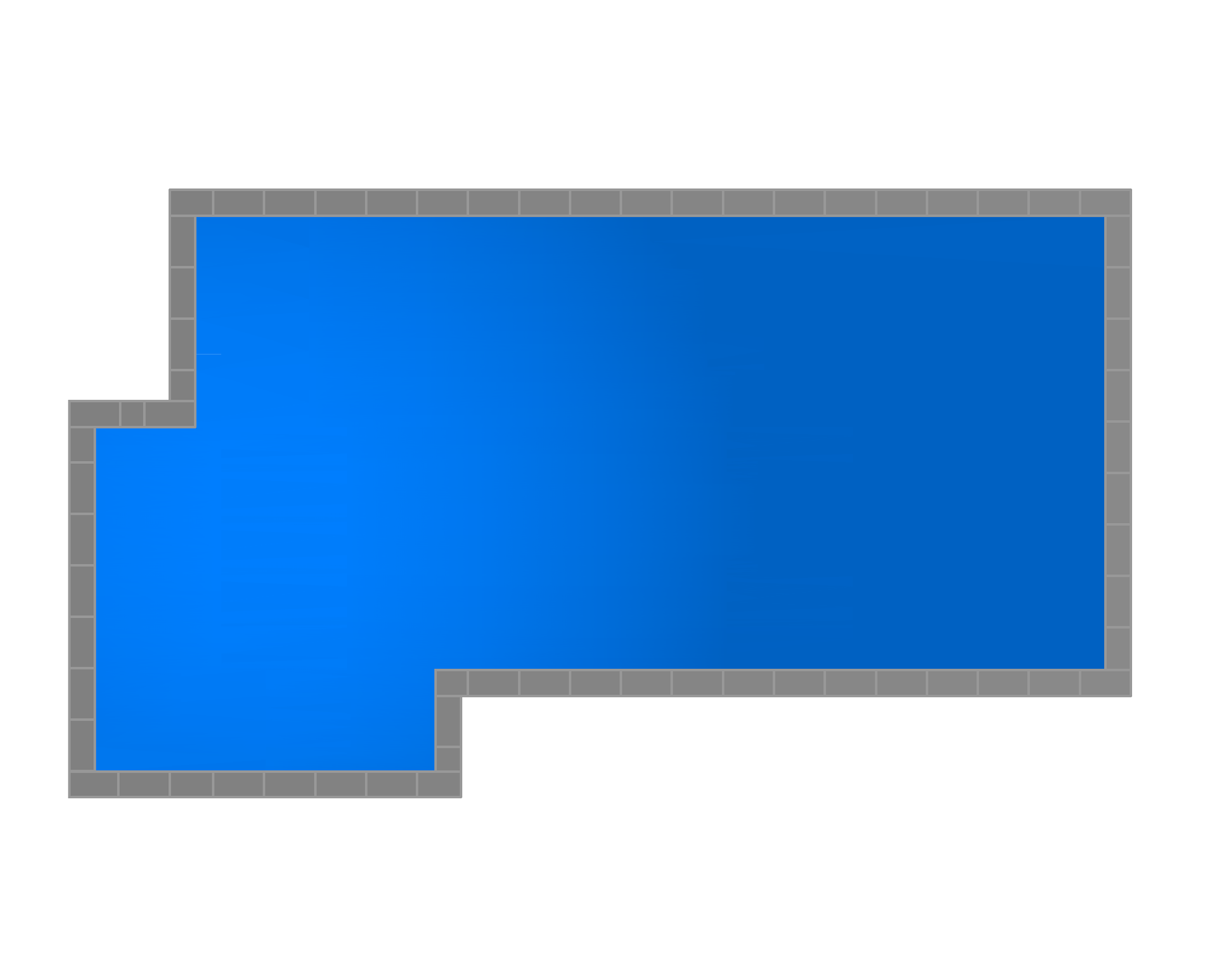 Top-down view of a blue swimming pool with a unique shape and gray border.