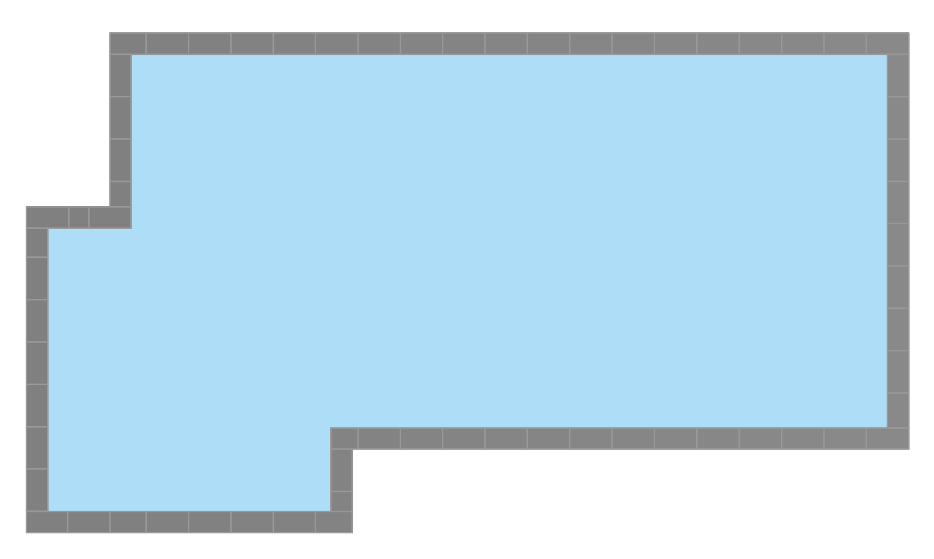 Top-down view of a turquoise pool with a gray border and an L-shaped cutout.