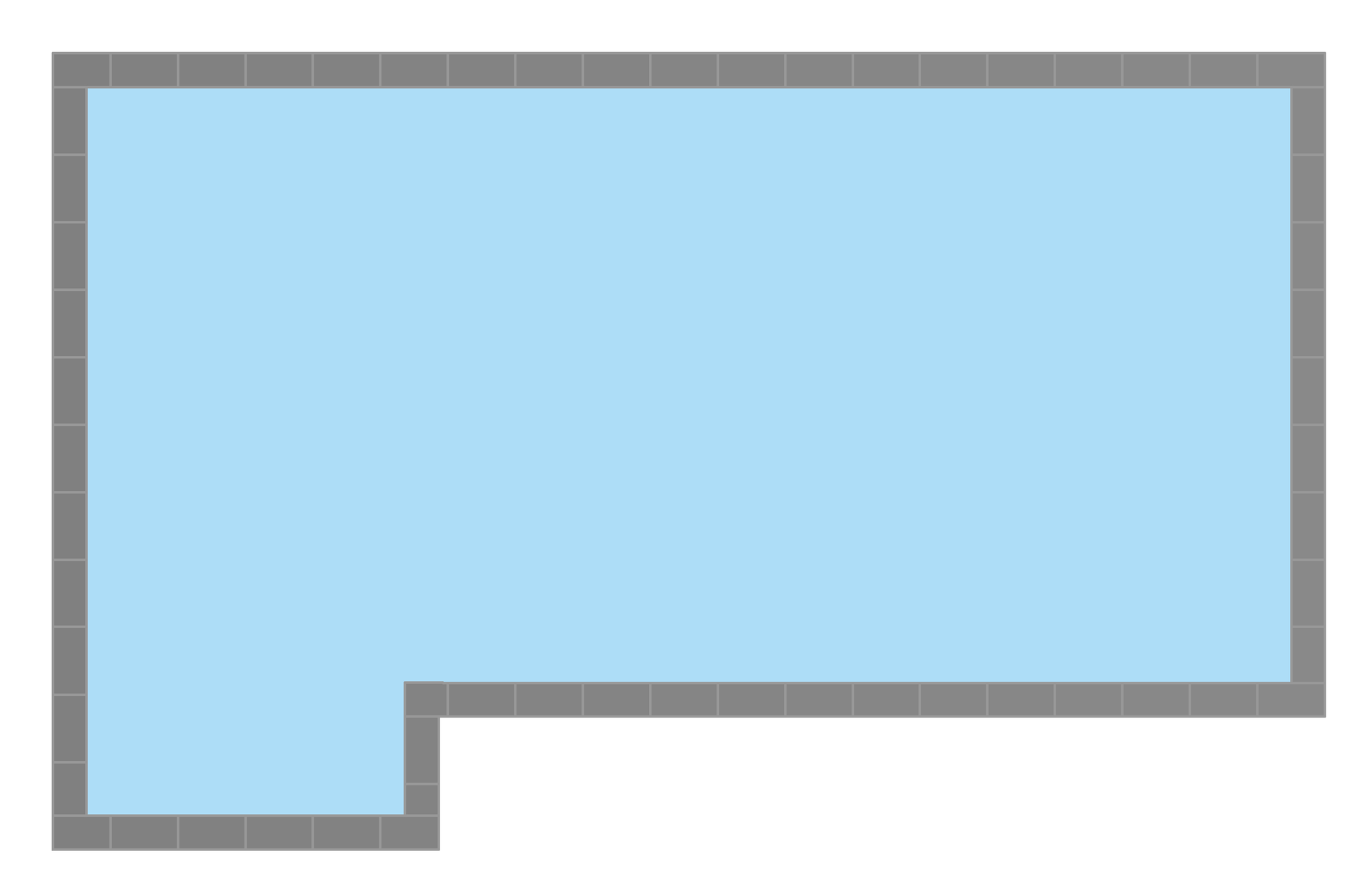 Top-down view of a turquoise swimming pool with a gray border and an L-shaped cutout.