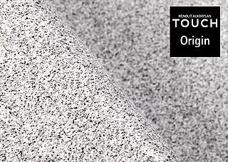 Grey speckled vinyl flooring, branded 