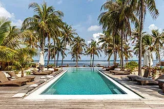 Pool overlooking ocean with palm trees, lounge chairs, and green tropical water. Sunny day.