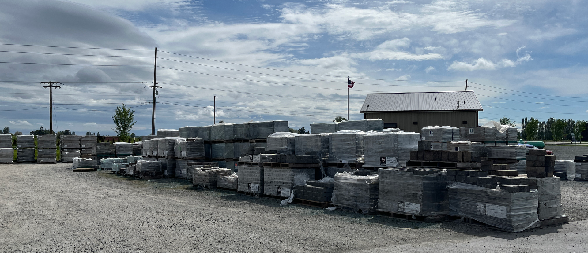 Pallets of retaining wall blocks at Lefeber Turf Farm