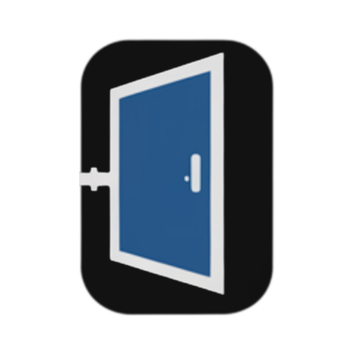 Blue door ajar in a black, rounded rectangle; white door frame and handle.