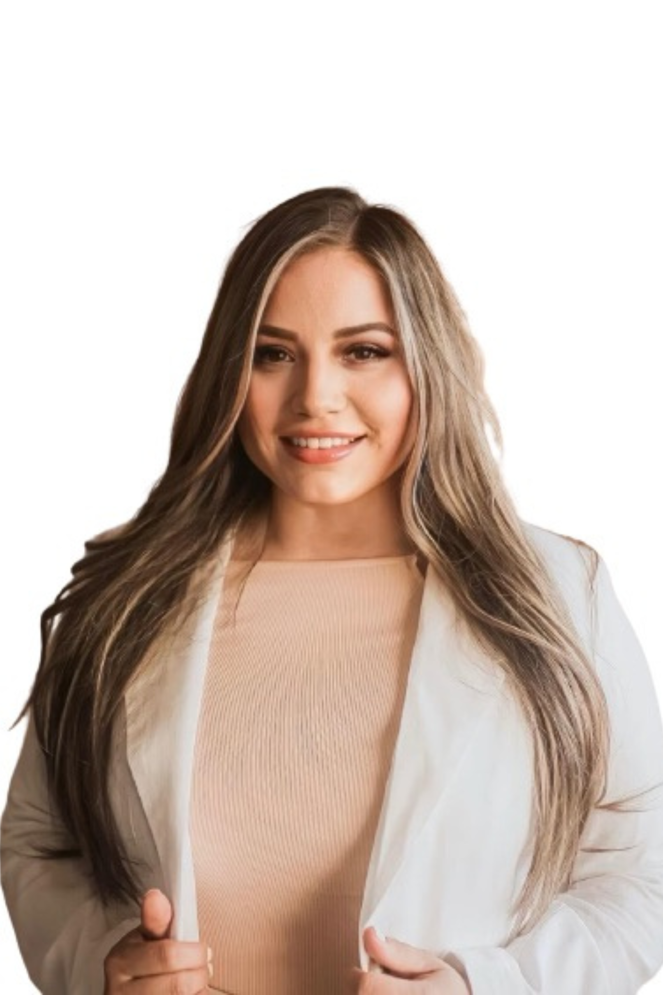 A woman with long hair is wearing a white jacket and smiling.