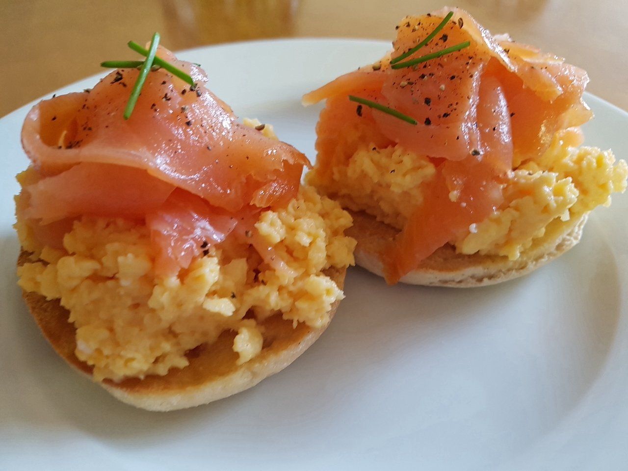 Smoked salmon and scrambled eggs for breakfast at Lorien House bed and breakfast, Fort Augustus, Highlands, Scotland