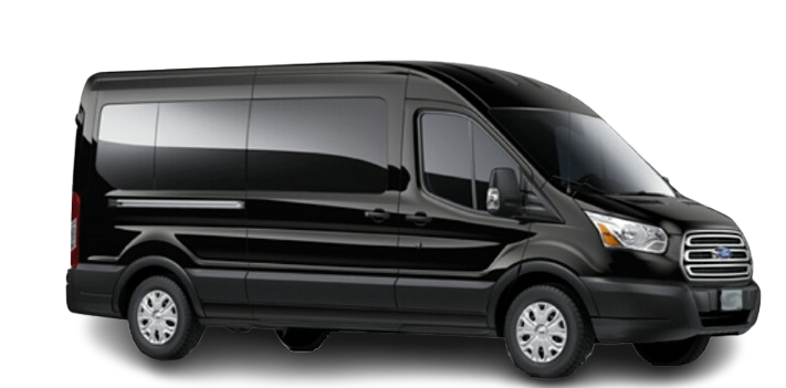 A black van is parked on a white background.