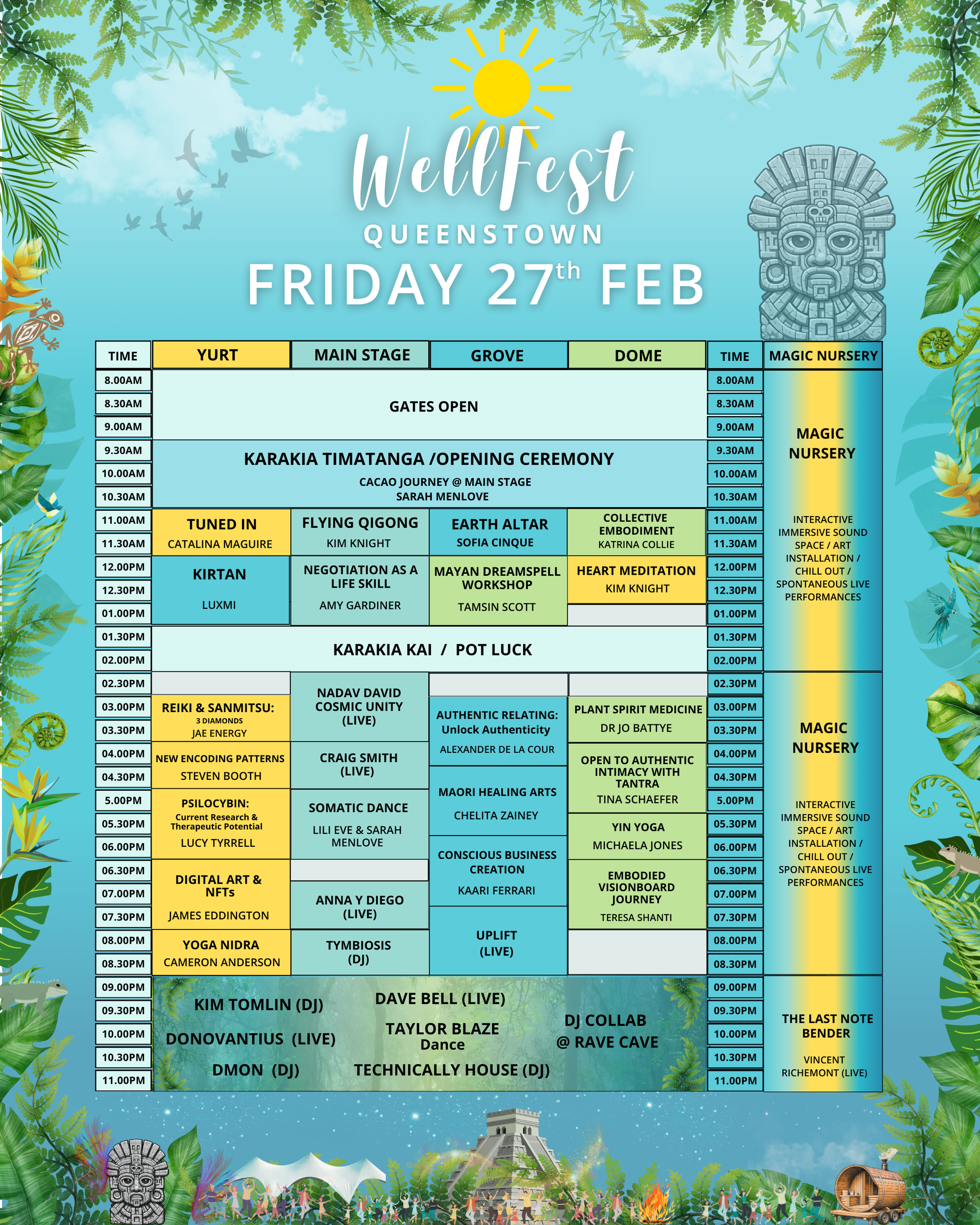 Festival schedule poster: Friday, Saturday, and Sunday event timelines, blue and gold color scheme, featuring mountains and beach design.