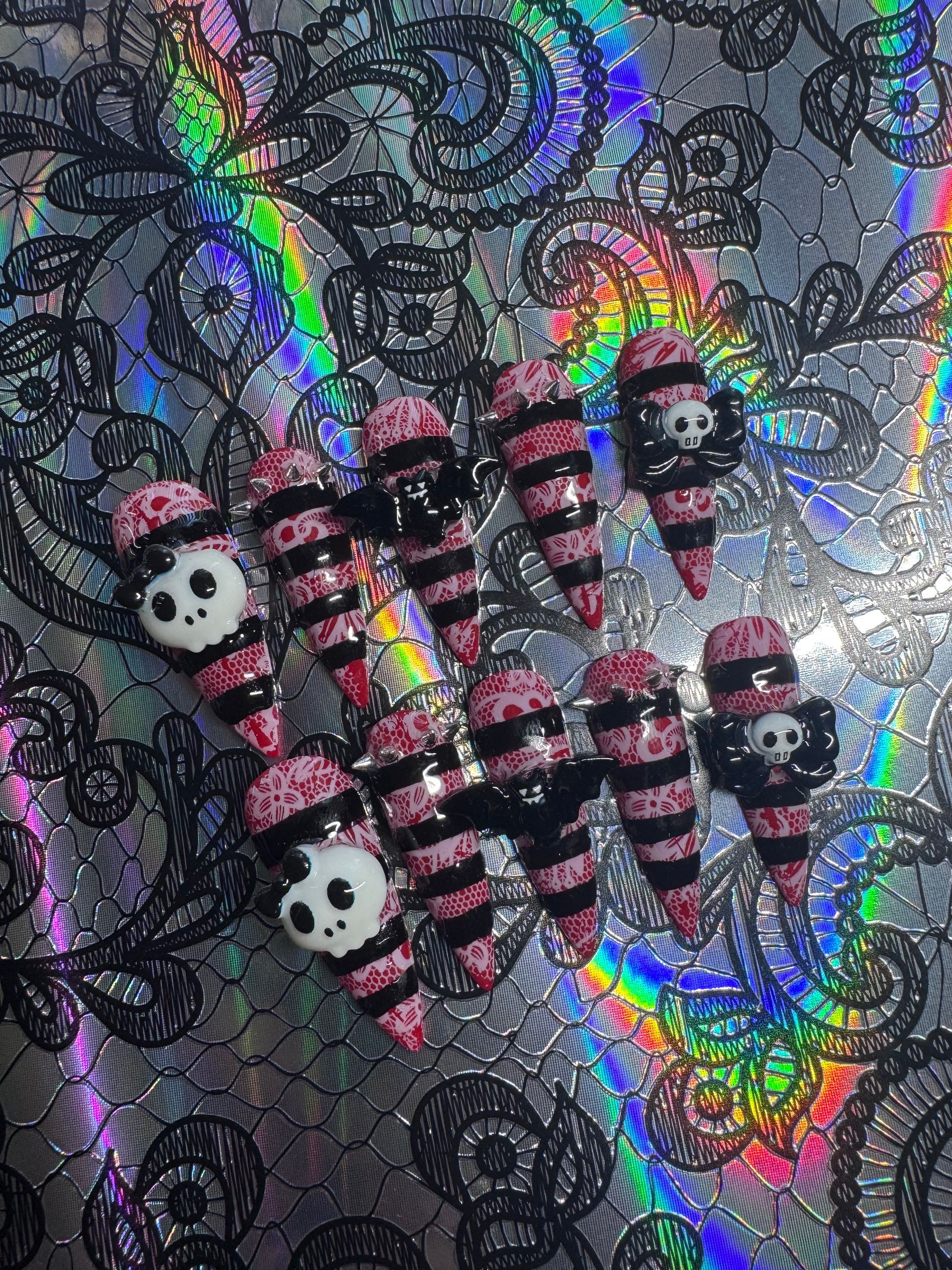 Christmas red punk lace press-on nail set