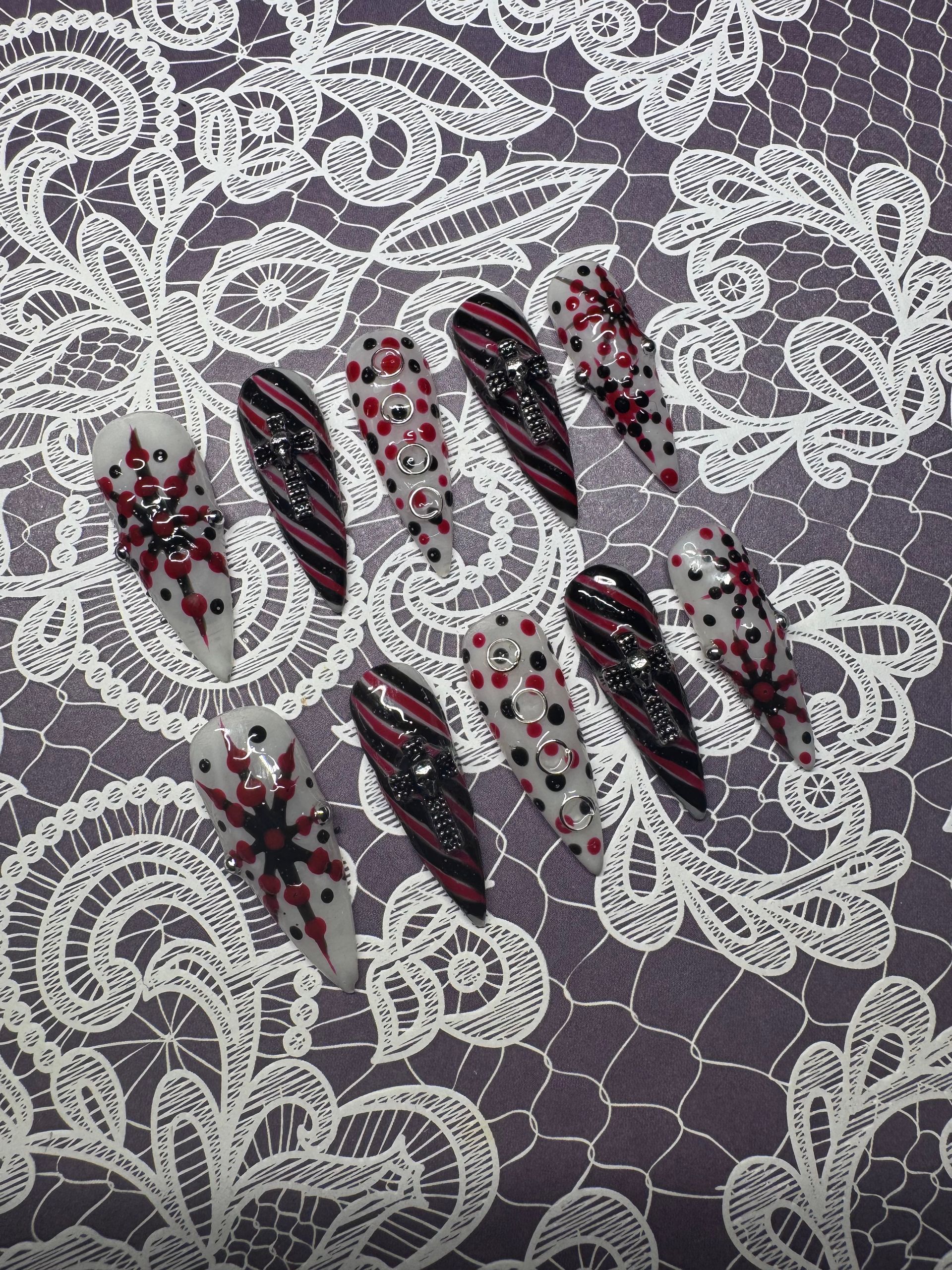 Black, red and white goth Christmas press-on nail set