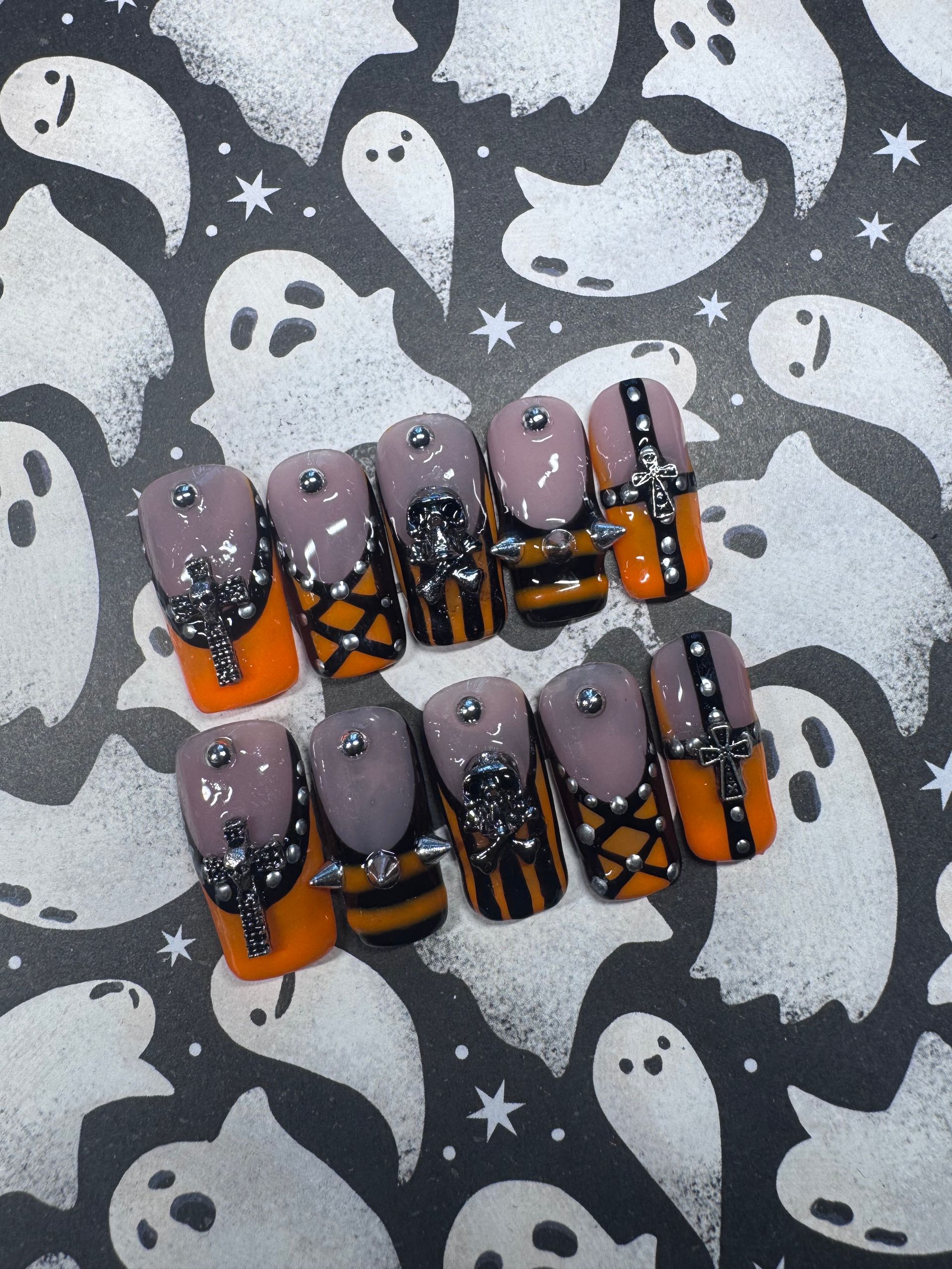 Halloween orange bondage press-on nail set
