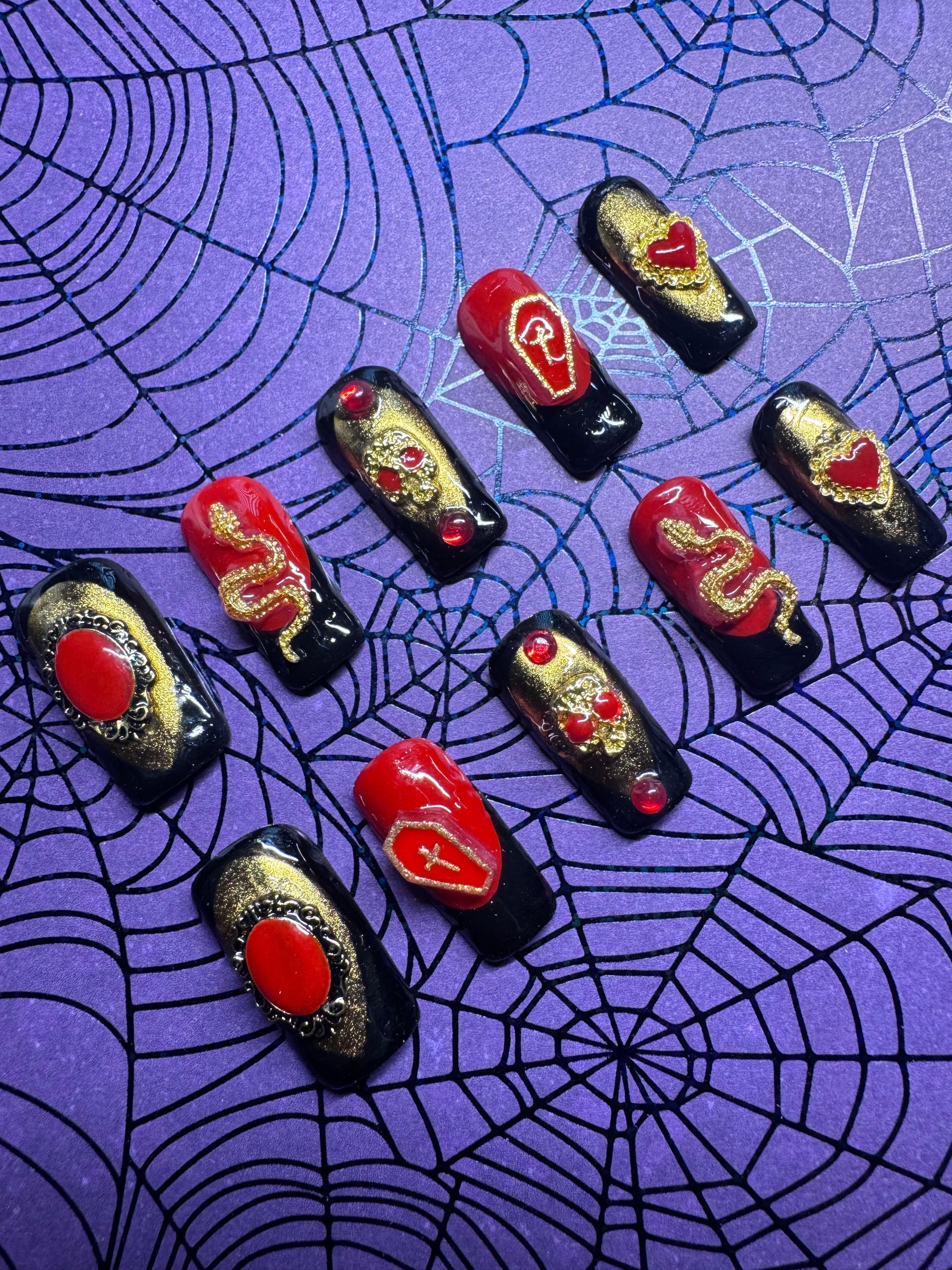Red and gold western jewels press-on nail set