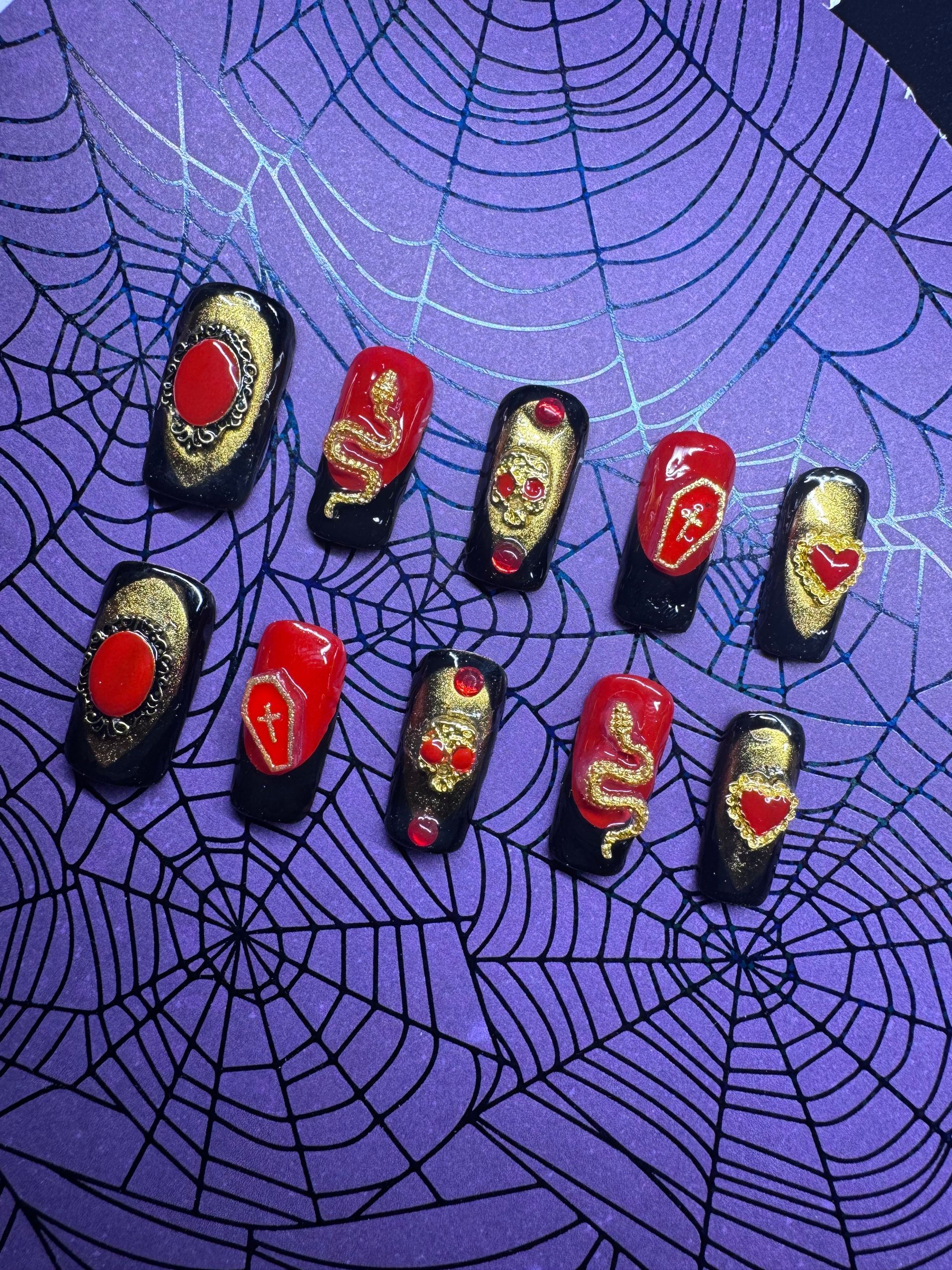 Red and gold western jewels press-on nail set