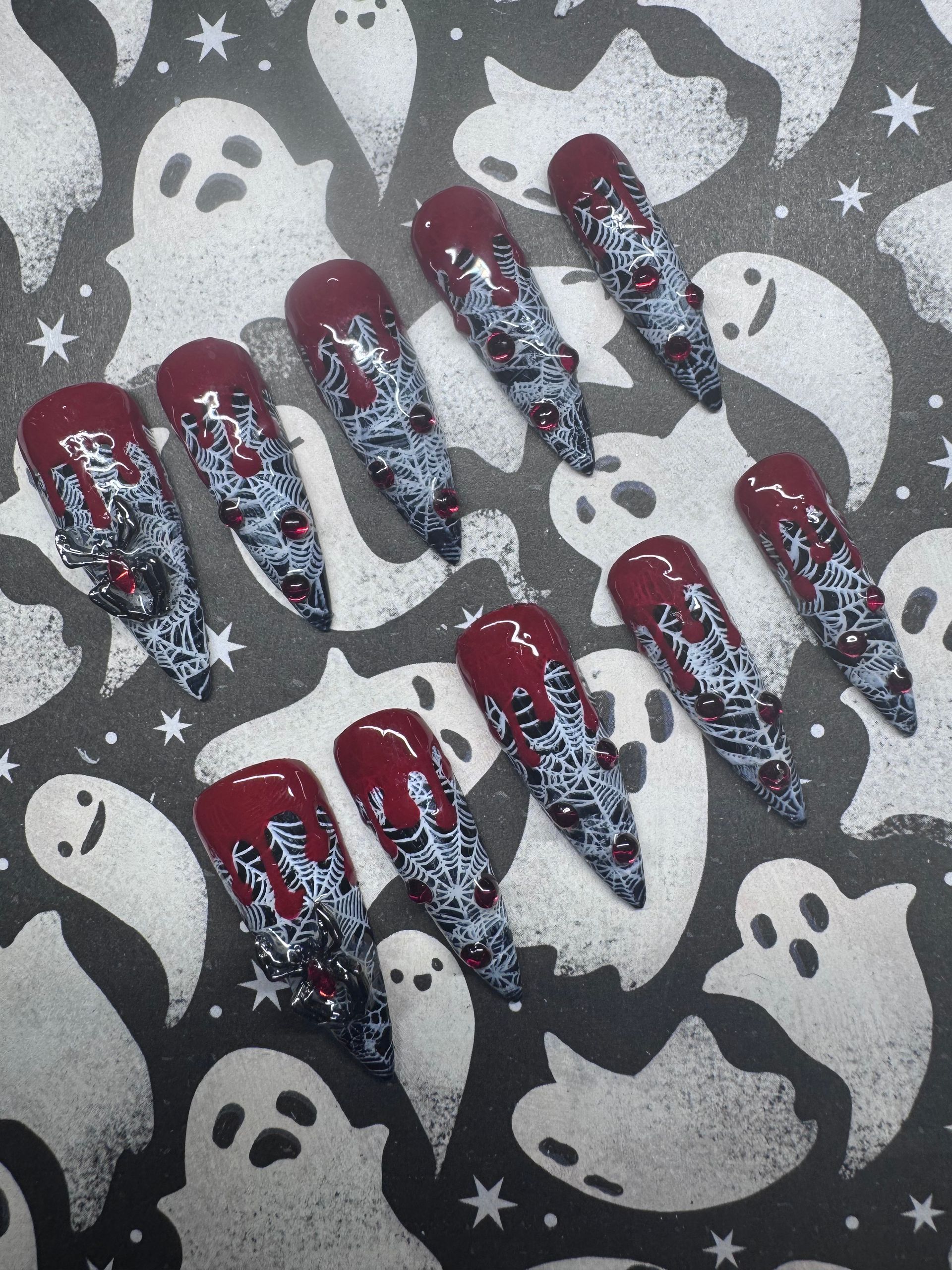 Blood red drips on spiderwebs press-on nail set