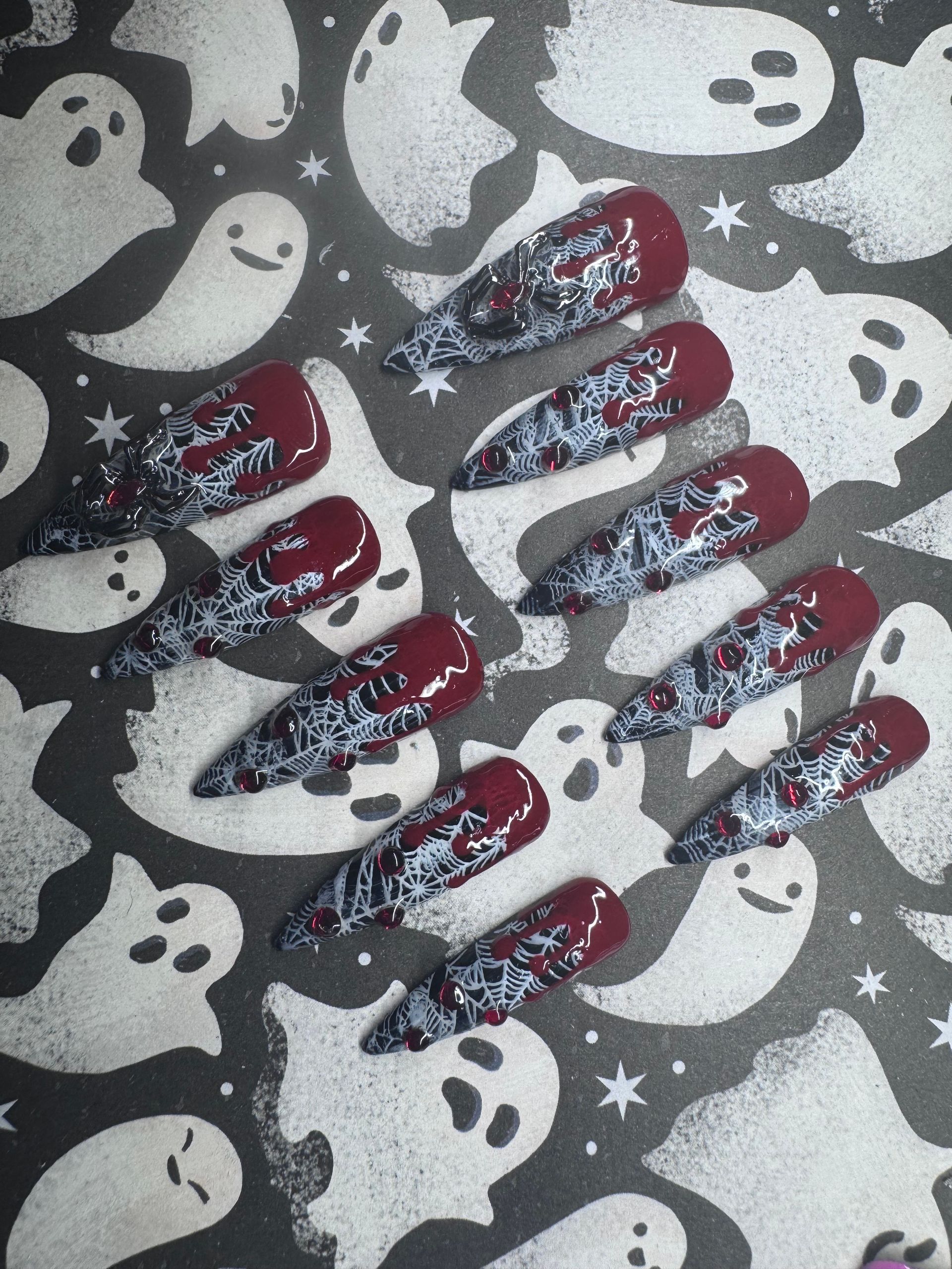 Blood red drips on spiderwebs press-on nail set