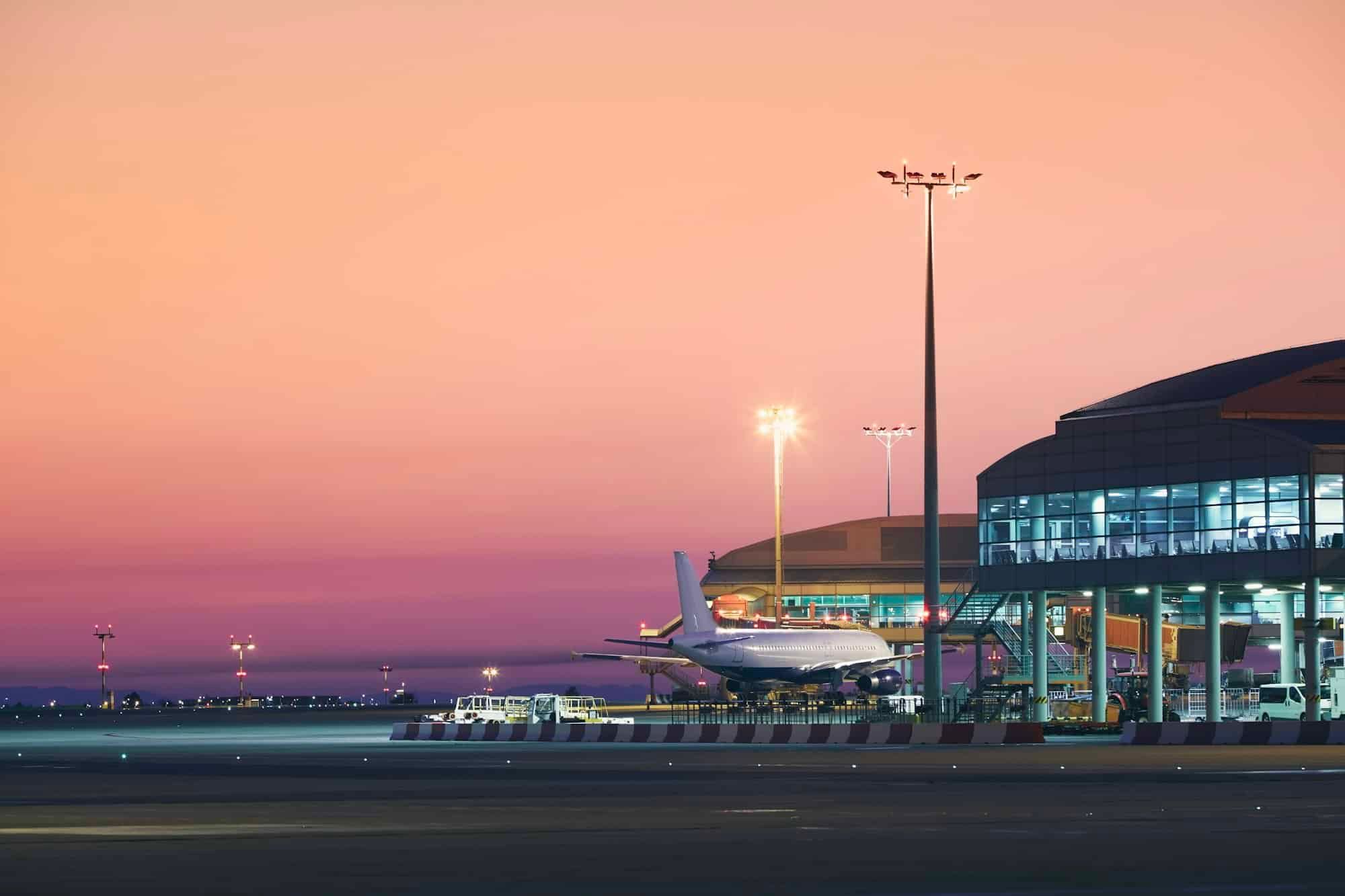 An airplane is sitting on the runway at an airport at sunset.