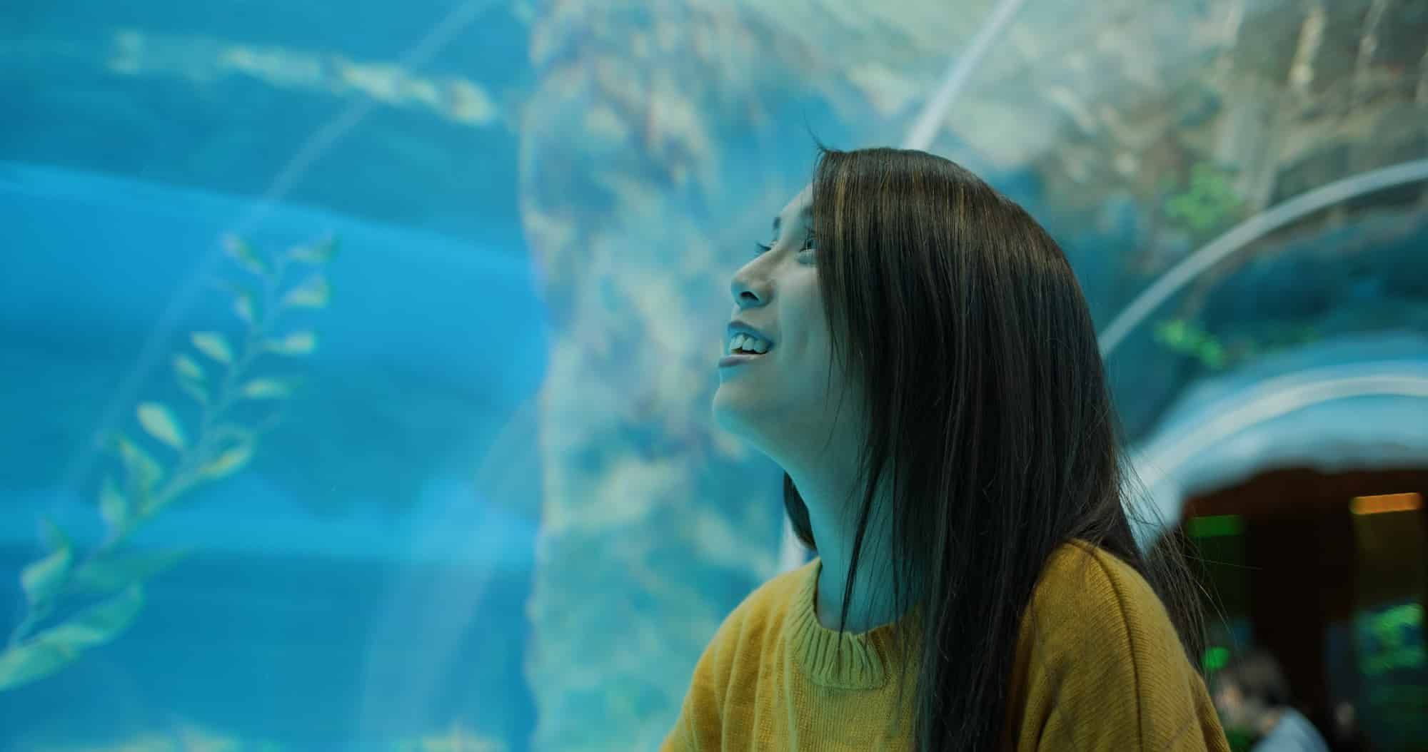 A woman is looking at fish in an aquarium.