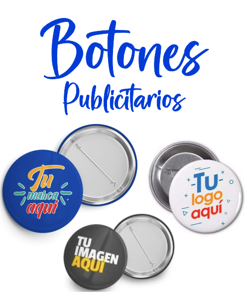 Botones con texto publicitario, incluyendo 