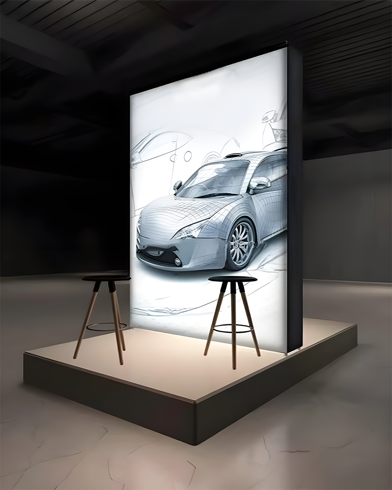 Exposición que presenta un boceto de un automóvil sobre un panel iluminado y dos taburetes sobre una plataforma.