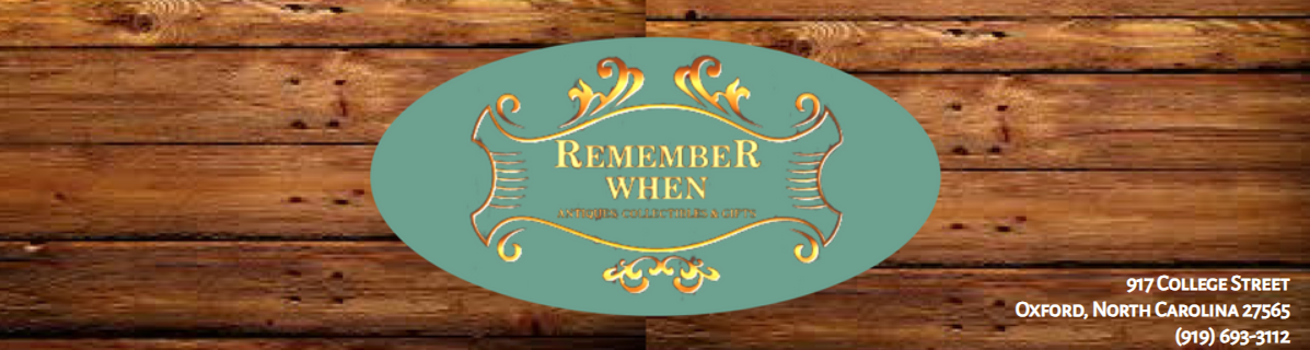 Teal oval “Remember When” logo on a wood background with small white contact text at right.