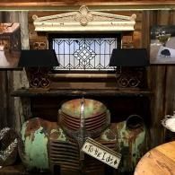 Rustic shelf with vintage metal decor, stained glass panel, and assorted old objects