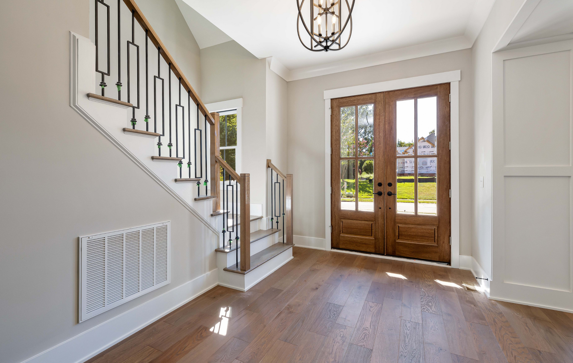 There is a staircase in the middle of the room.