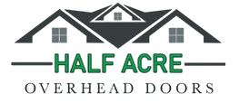 Logo for Half Acre Overhead Doors featuring a house roof outline above the company name in green and black text.