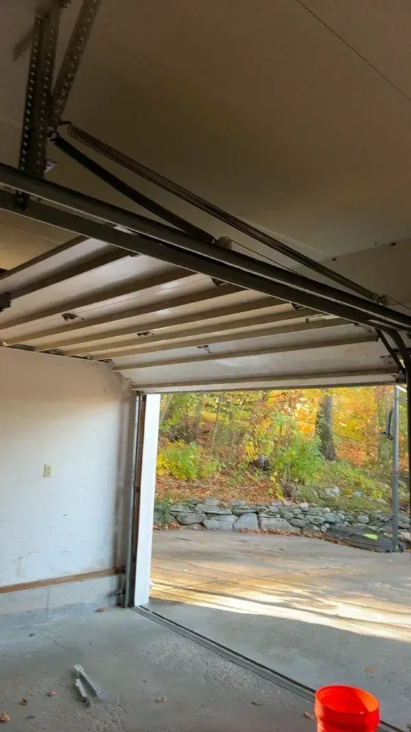 A garage door raised to the ceiling, showing an outdoor view of trees with fall foliage through the open doorway.