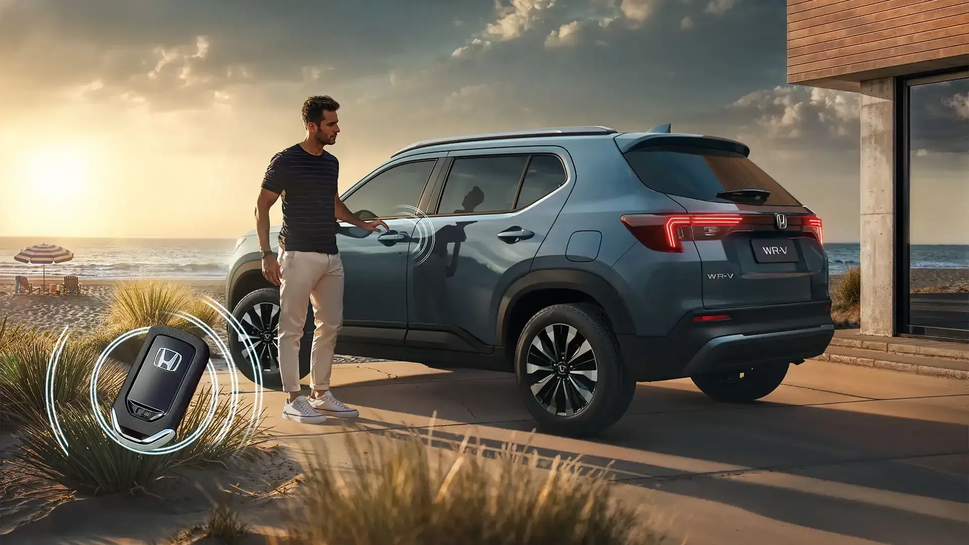 Homem destrancando um SUV cinza na praia ao pôr do sol, com a chave do carro em primeiro plano.