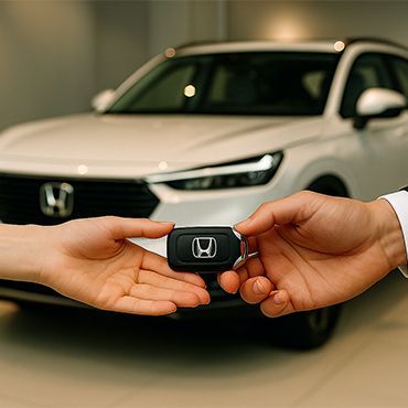 Mãos trocando a chave de um carro Honda em frente a um SUV branco.