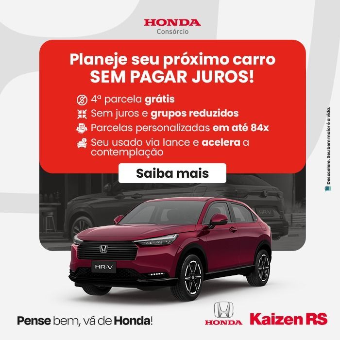 Anúncio de consórcio Honda: Planeje seu próximo carro sem juros! Inclui um SUV vermelho e detalhes da promoção.