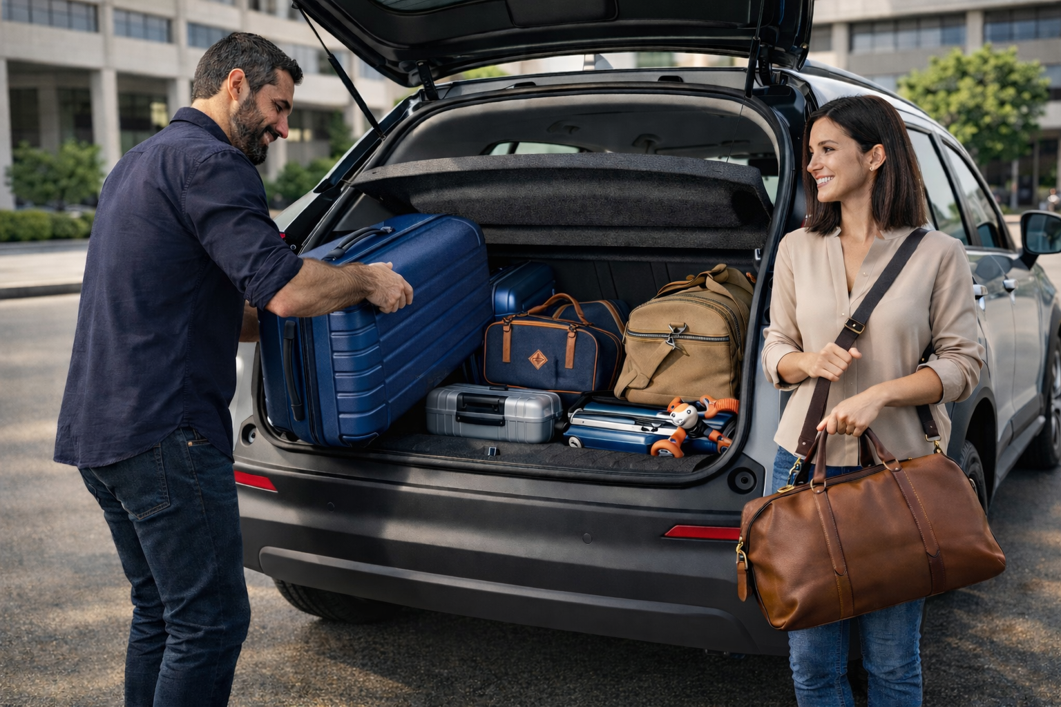 Casal feliz colocando as malas no porta-malas do novo Honda WR-V,