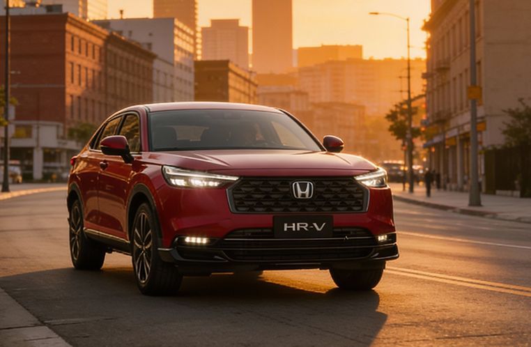 Honda HR-V 2026 em uma rua urbana e com os faróis ligados. Passeio no fim de tarde.