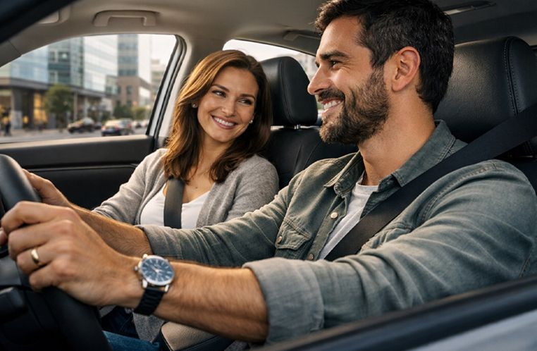 Casal feliz dentro do seu Honda HR-V dirigindo por Porto Alegre