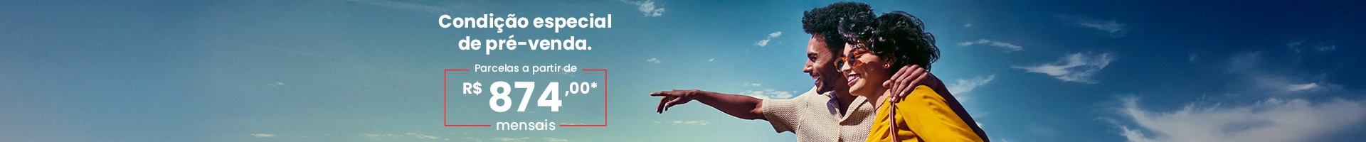 Duas pessoas apontando para algo no céu, com texto sobreposto. Tons de azul e amarelo.