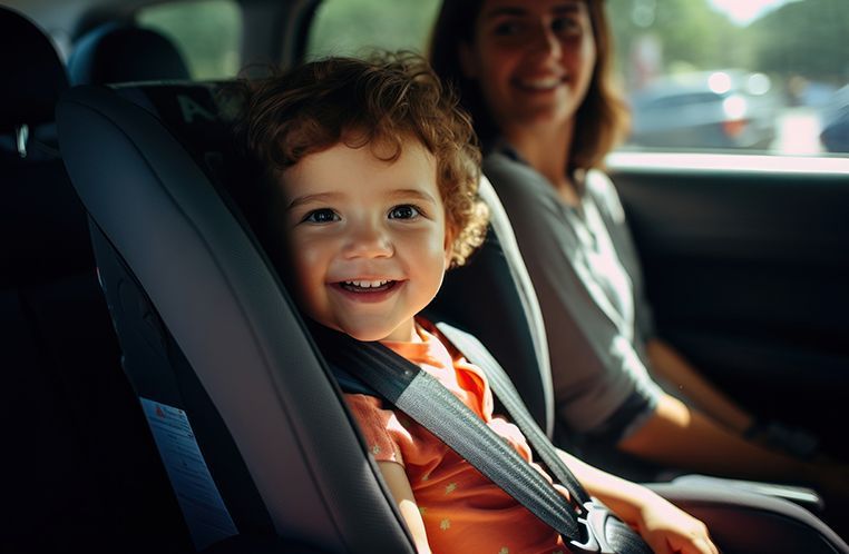 Criança feliz na cadeirinha de segurança com isofix, junto a sua mãe, um Honda