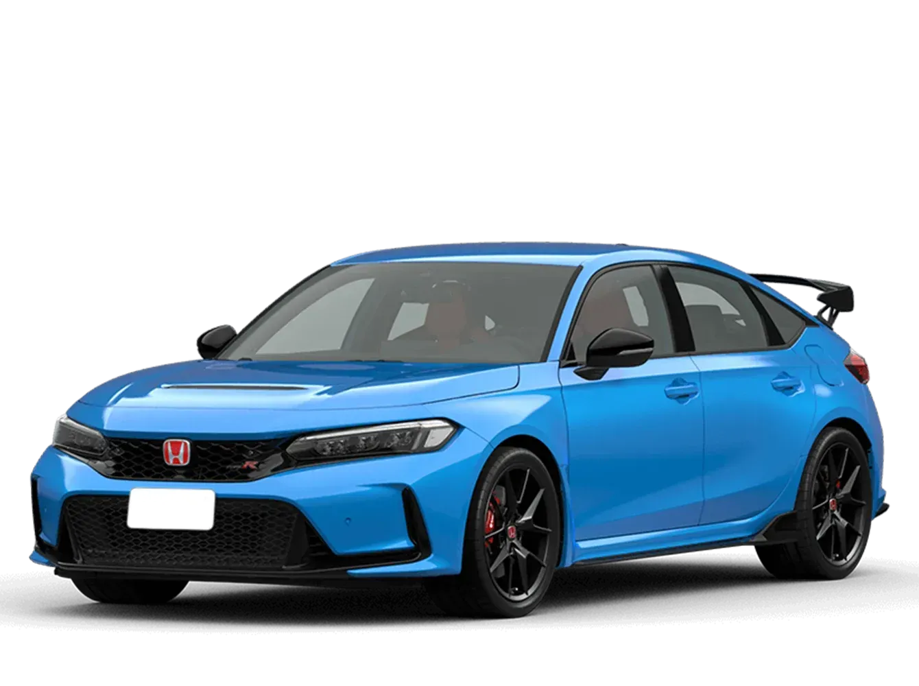 Honda Civic Type R azul, vista frontal, sobre fundo branco.