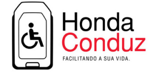 Logotipo: Dispositivo portátil com símbolo de cadeira de rodas, texto Honda Condúz, facilitando sua vida.