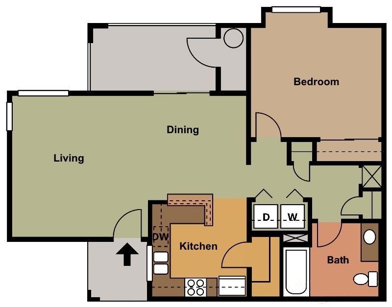 a floor plan of a bedroom apartment with a living room and dining room