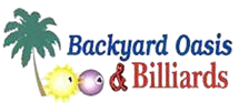 A logo for backyard oasis and billiards with a palm tree , sun and pool balls.