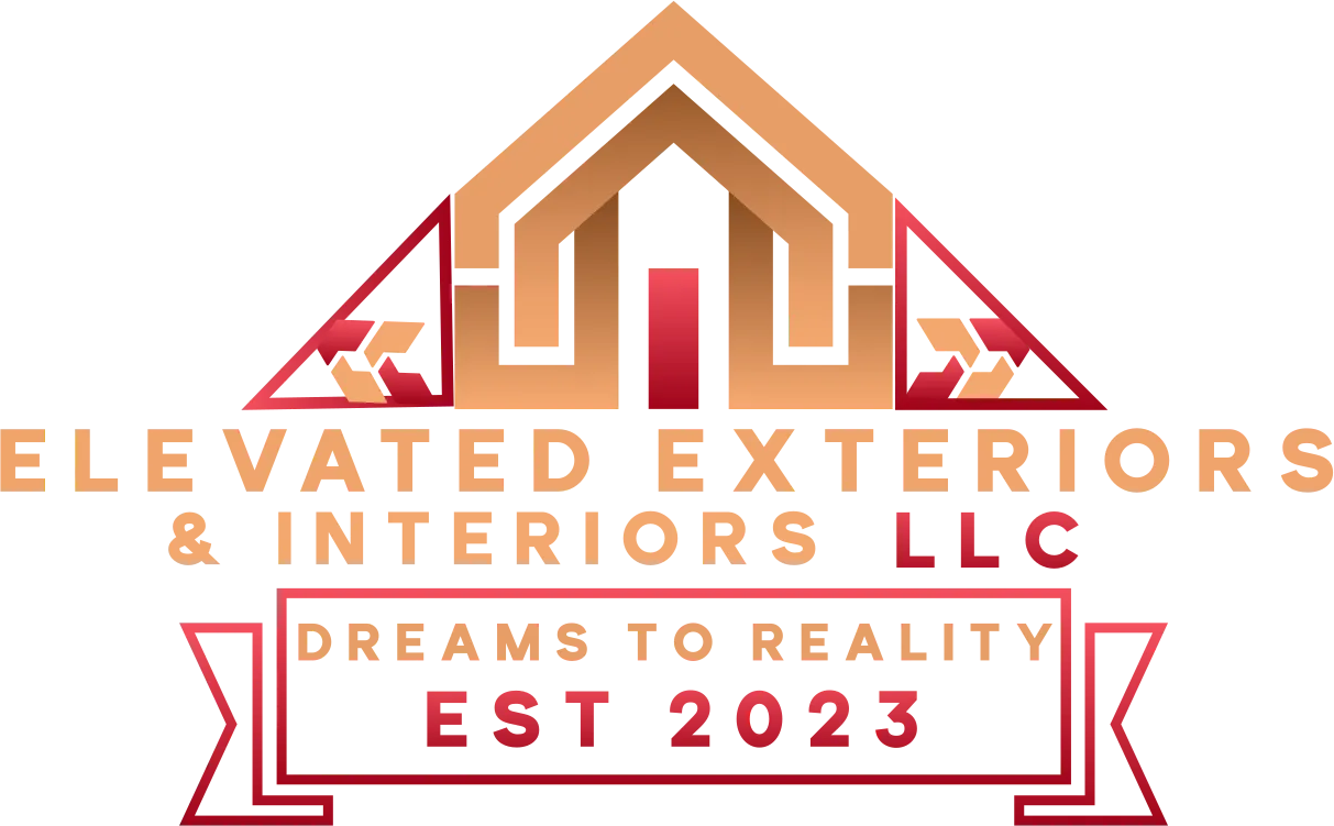 Logo for Elevated Exteriors & Interiors LLC, with a house icon in shades of brown and red, text: "Dreams to Reality," EST 2023.