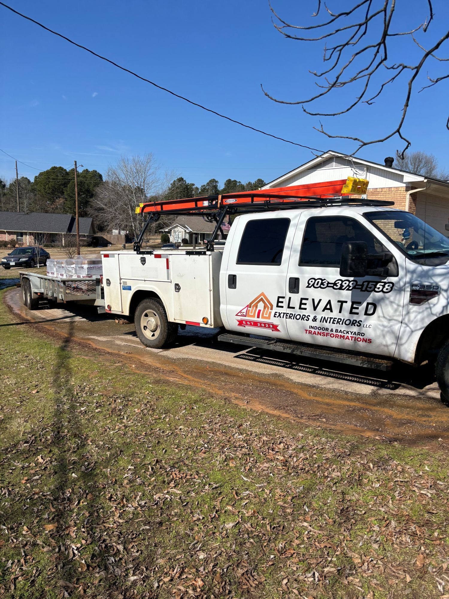 White work truck with trailer, 