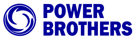 A blue and white logo for power brothers