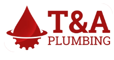 The logo for t & a plumbing has a red witch hat on it.