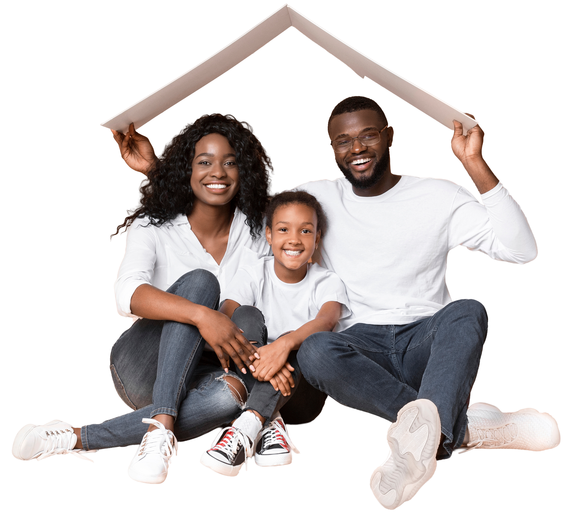 Family smiling, under a cardboard house, white outfits, isolated on white background.