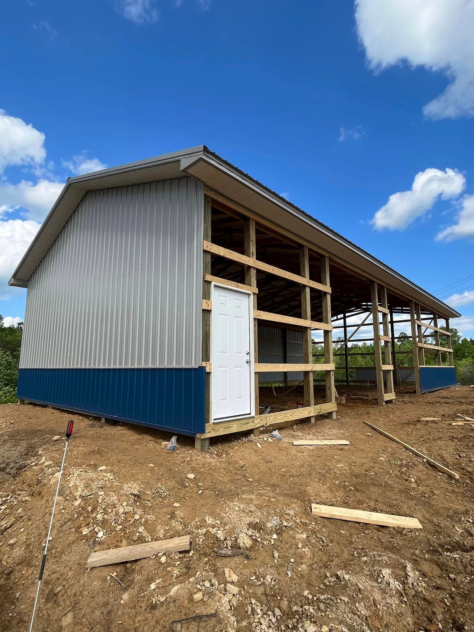 A building is being built in the middle of a dirt field.